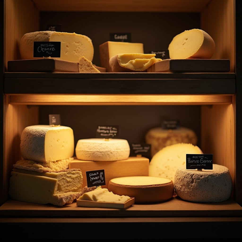 Professionell gestaltete Käse-Verkaufstheke mit Beschriftung