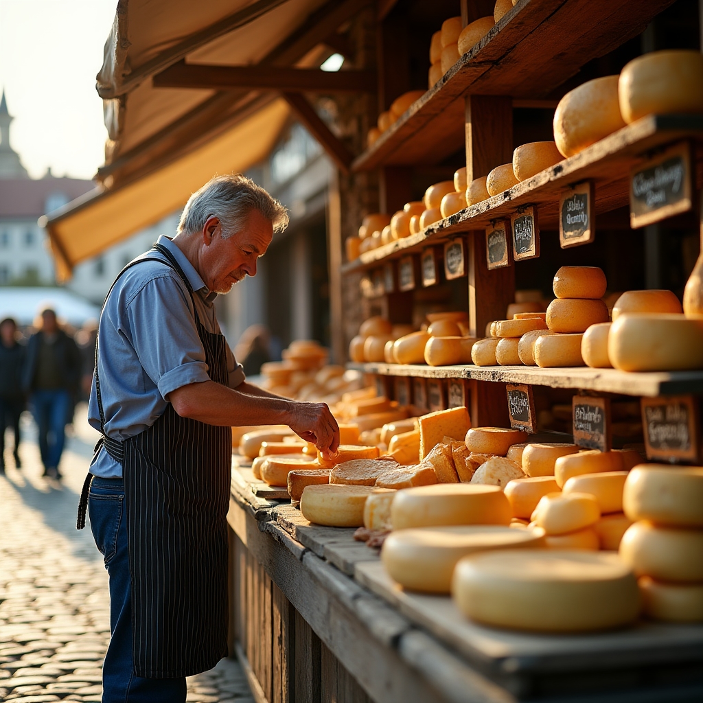 Kleiner Käsestand auf einem Wochenmarkt mit frischen Produkten